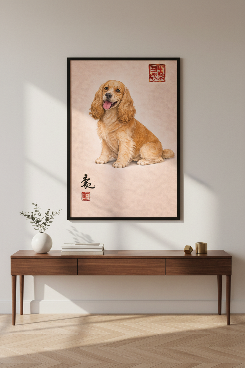 Cocker Spaniel Wall Art Print | Happy Dog Home Decor | Asian Art Style Pet Portrait | Puppy Lover Gift | Wall Hanging