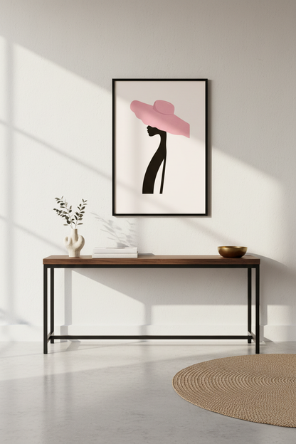 Minimalist Woman with Pink Hat Wall Art | Abstract Fashion Print | Modern Home Decor Poster | Elegant Portrait Wall Hanging