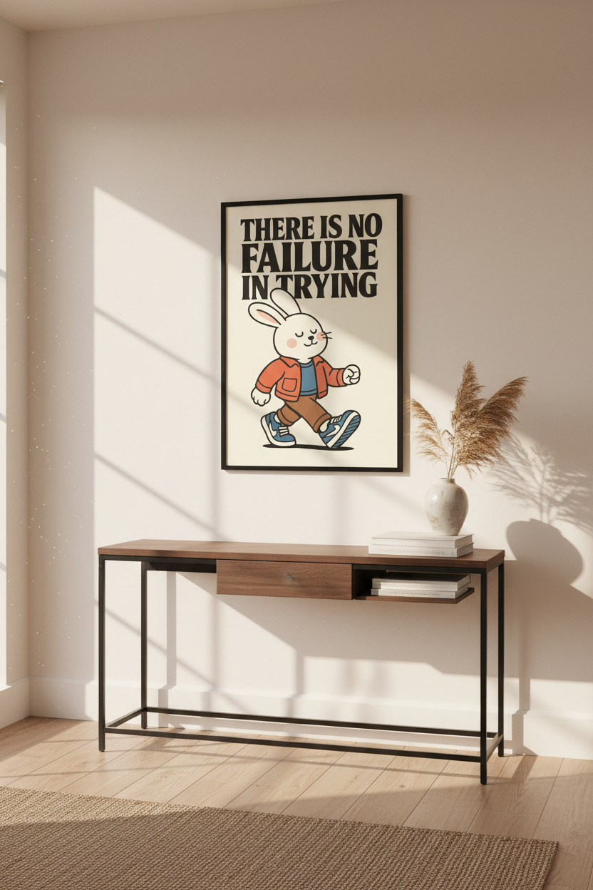 Inspirational Bunny Wall Art Print: No Failure in Trying Quote Poster, Motivational Home Decor, Cute Animal Art Gift