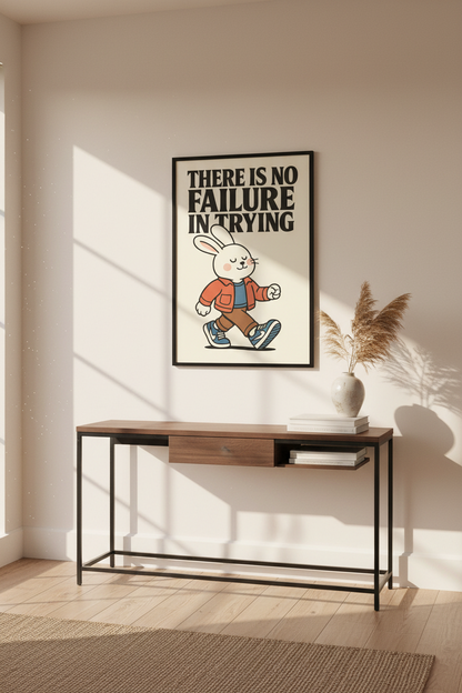 Inspirational Bunny Wall Art Print: No Failure in Trying Quote Poster, Motivational Home Decor, Cute Animal Art Gift