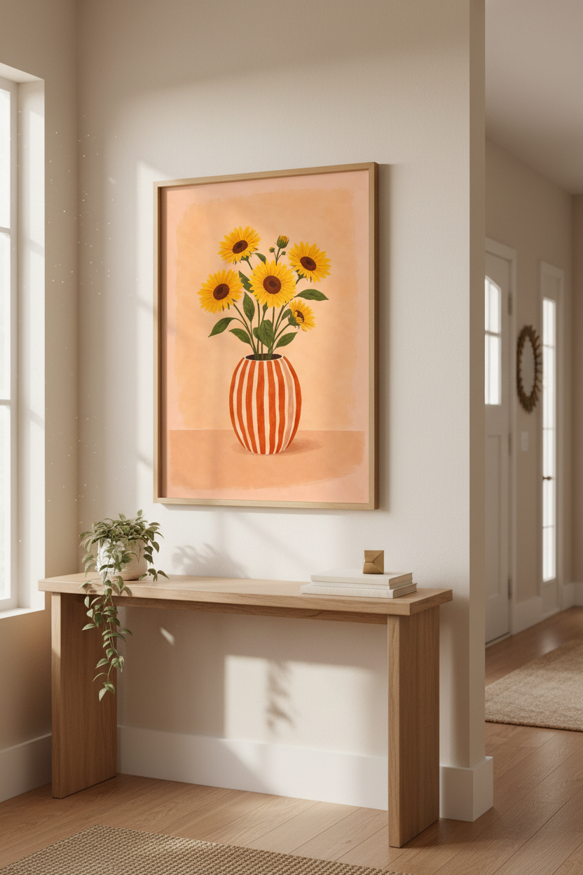 Boho Sunflower Vase Framed Wall Art Print | Farmhouse Living Room Decor | Cottagecore Floral Poster