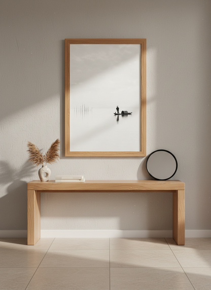 Minimalist Framed Art | Serene Asian Boatman Wall Decor | Zen Black and White Print | Calming Living Room Poster