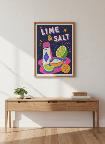 Mexican Bar Art Print: Lime &amp; Salt | Kitchen Decor | Vibrant Retro Poster