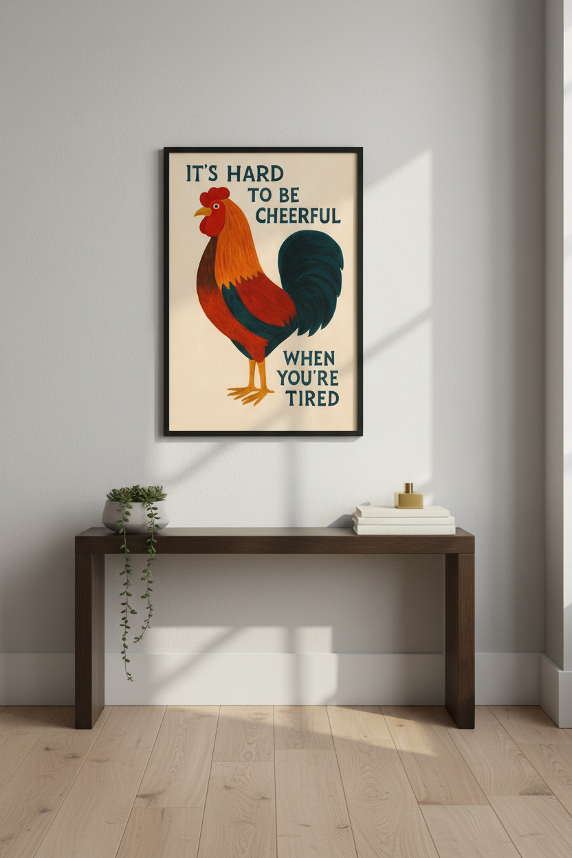 Humorous Rooster Wall Art Print | Funny Kitchen Decor | Farmhouse Cottagecore Poster | "Hard to Be Cheerful" Quote Print