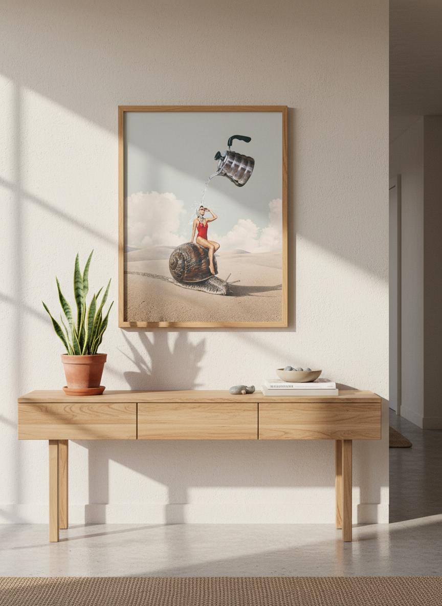 Desert Snail Oasis Art | Retro Surrealism Print, Eclectic Wall Decor