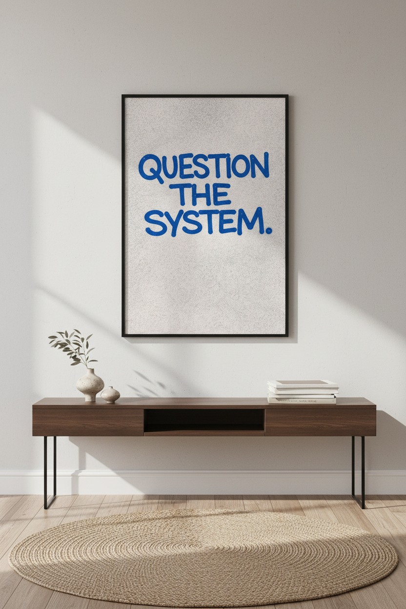 Question The System Wall Art Print | Bold Blue Graffiti Text Poster | Modern Activist Home Decor | Unique Protest Art Hanging