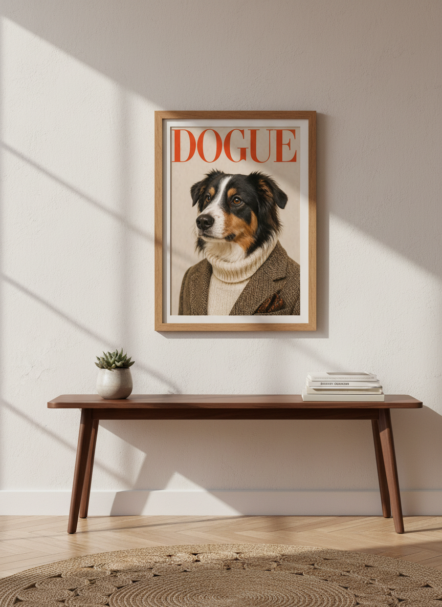 Humorous Dog Dogue Fashion Wall Art Print | Trendy Living Room Decor | Chic Pet Lover Framed Poster
