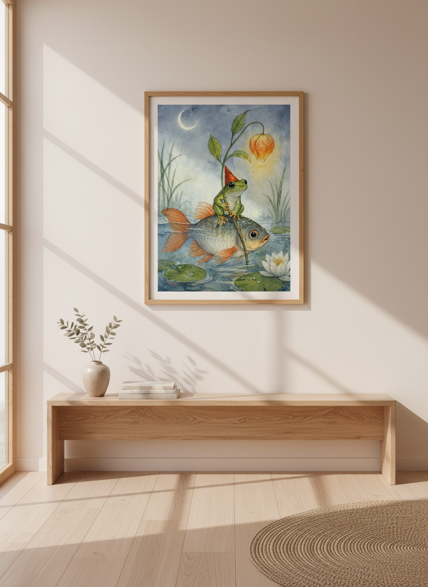 Frog on Fish Art Print | Whimsical Nursery Decor | Cottagecore Pond Poster