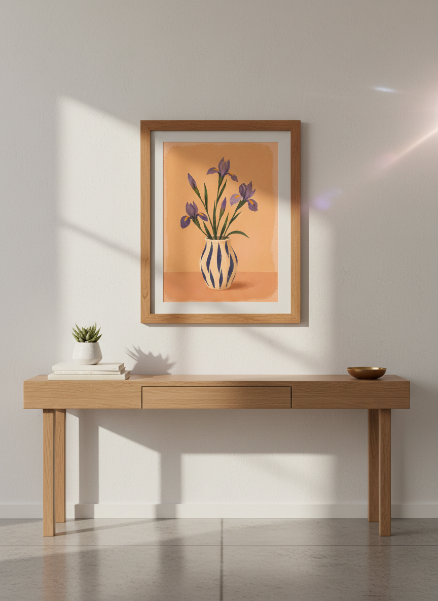 Abstract Floral Framed Wall Art | Purple Iris Vase Print | Living Room Decor | Cottagecore Aesthetic Poster