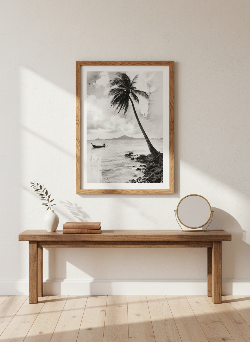 Coastal Palm Tree Beach Print | Zen Serene Landscape Art | Black White Coastal Decor