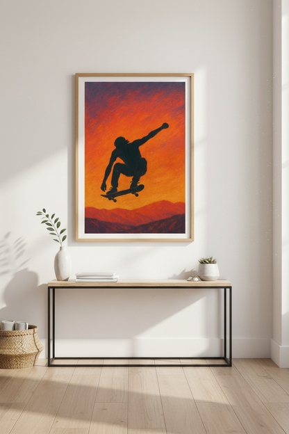 Abstract Skater Wall Art Print | Teen Room Decor | Sunset Aesthetic Framed Poster | Skateboarder Gift | Ready to Hang Art