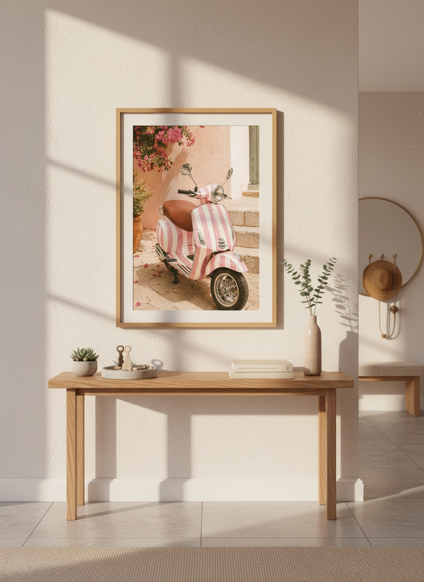 Retro Pink Vespa Framed Art Print | Aesthetic Bedroom Decor | Pink Wall Art | Preppy Room Poster | Ready to Hang Beach House Decor
