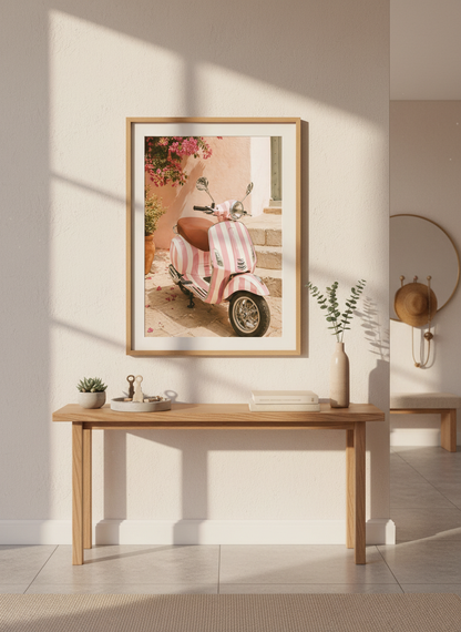 Retro Pink Vespa Framed Art Print | Aesthetic Bedroom Decor | Pink Wall Art | Preppy Room Poster | Ready to Hang Beach House Decor