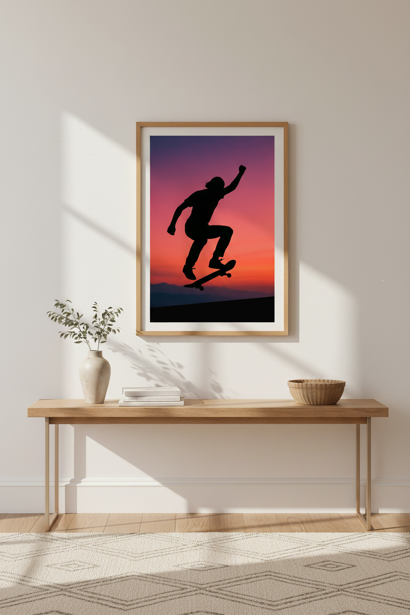 Aesthetic Skater Silhouette Wall Art Print | Teen Room Decor | Vibrant Sunset Framed Poster | Skateboarder Decor