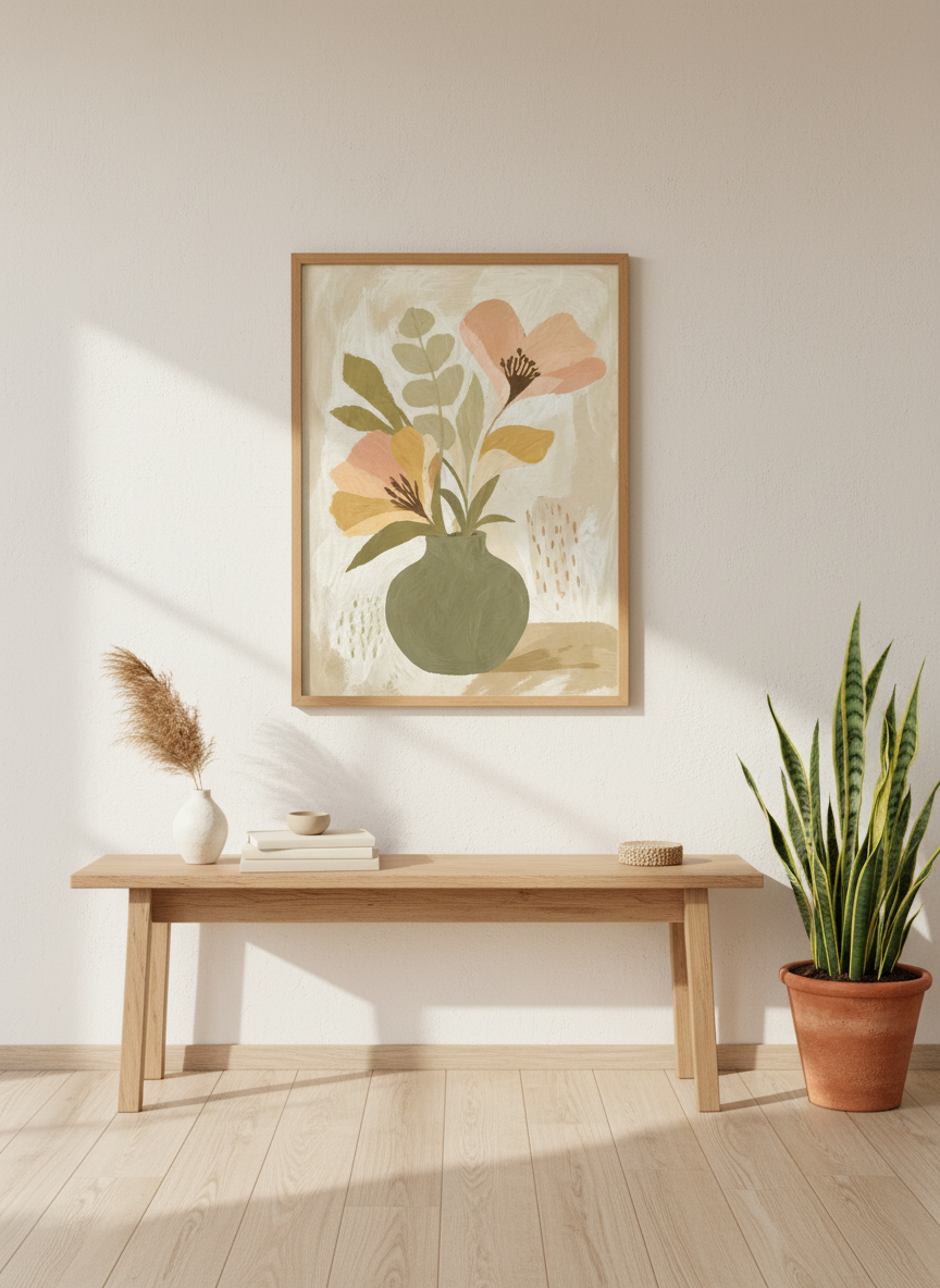 Minimalist Floral Still Life Wall Art | Sage Green Abstract Vase, Neutral Botanical Boho
