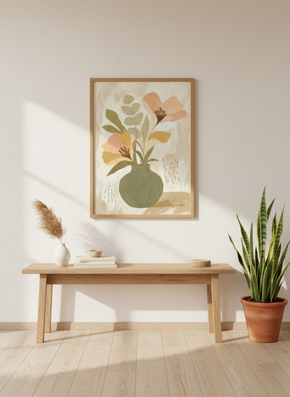 Minimalist Floral Still Life Wall Art | Sage Green Abstract Vase, Neutral Botanical Boho