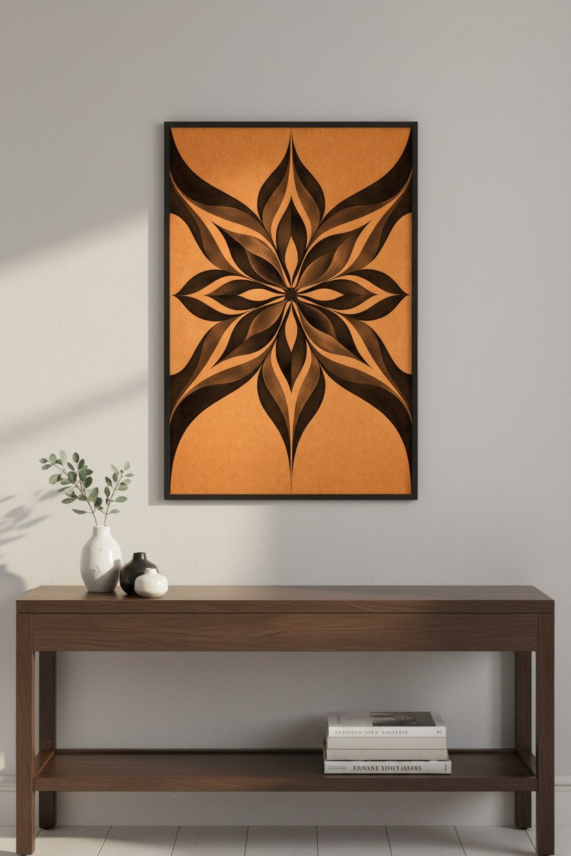 Modern Floral Mandala Wall Art Print | Abstract Boho Decor | Terracotta &amp; Black Botanical Poster | Unique Living Room Home Decor