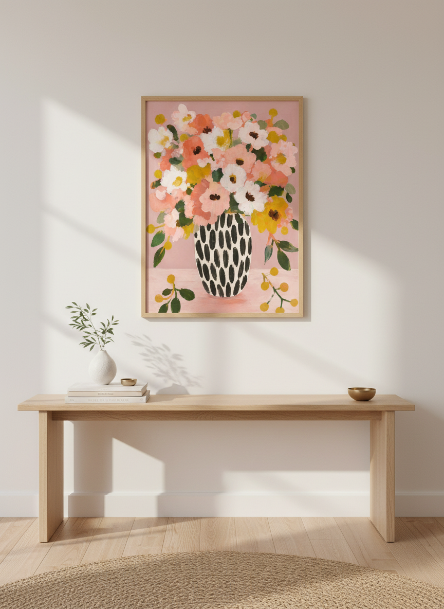 Abstract Floral Vase Art Print | Pink Blush Boho Flower Decor | Botanical Wall Art