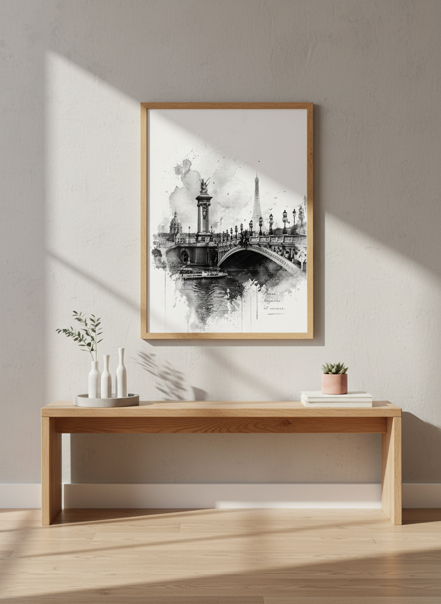 Black and White Paris Bridge Eiffel Tower Art | Watercolor Cityscape Decor | Travel Poster
