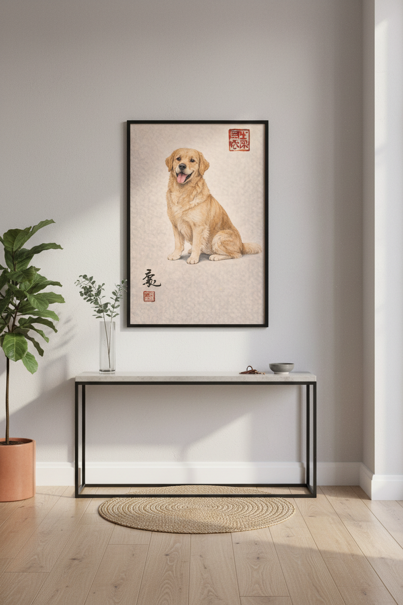 Golden Retriever Art Print | Chinese Brush Painting Dog Wall Art | Dog Lover Gift | Pet Portrait Home Decor | Animal Wall Hanging