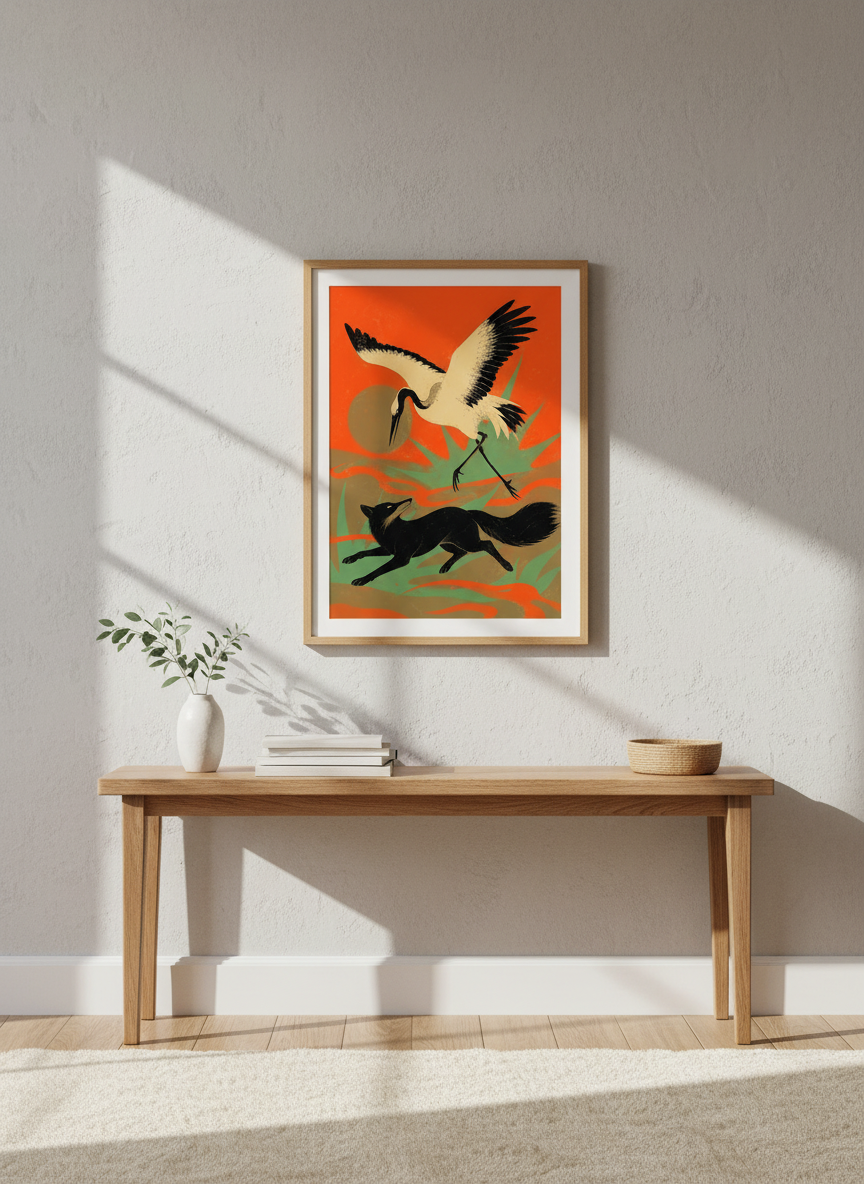 Ukiyo-e Style Crane Fox Wall Art Print | Japanese Aesthetic Framed Poster | Folk Art Living Room Decor