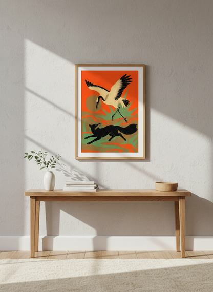 Ukiyo-e Style Crane Fox Wall Art Print | Japanese Aesthetic Framed Poster | Folk Art Living Room Decor