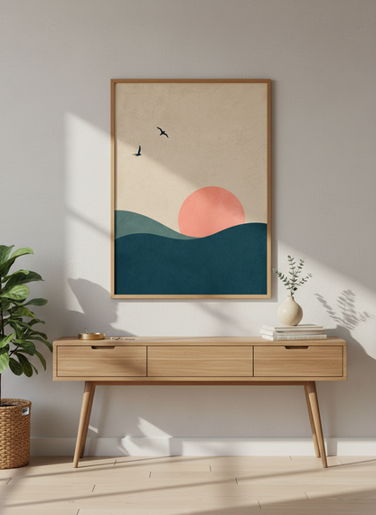 Minimalist Ocean Sunset Art | Coastal Landscape Print, Boho Decor Living Room