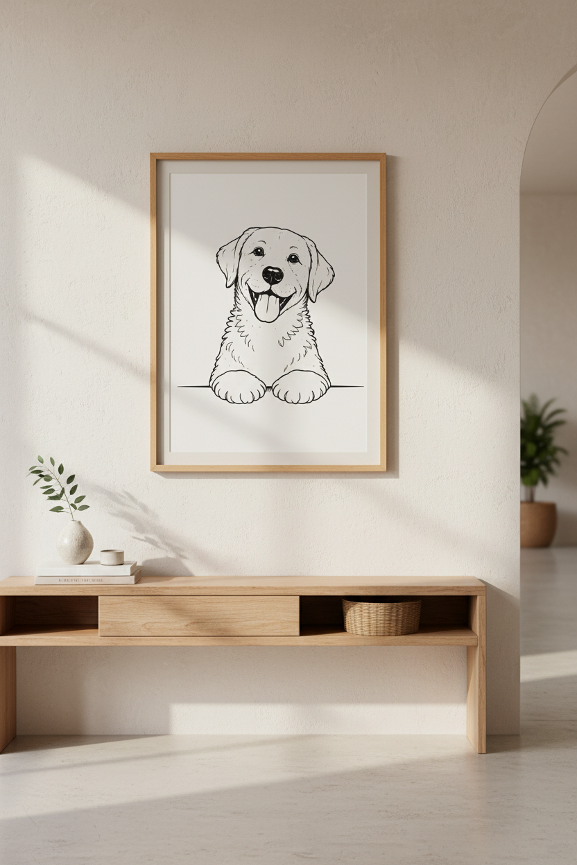 Minimalist Labrador Puppy Wall Art Print | Nursery Decor | Happy Doggy Sketch Poster | Black and White Line Art | Pet Lover Gift