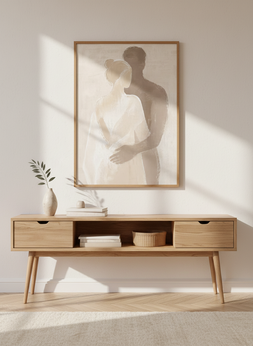 Abstract Embrace Framed Wall Art | Neutral Bedroom Decor | Minimalist Couple Poster Print | Ready to Hang Love Art