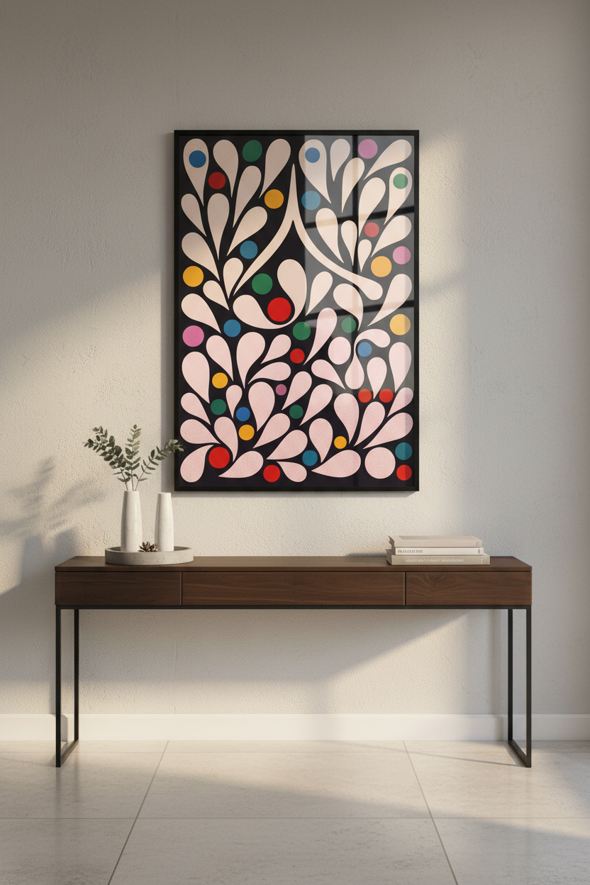 Abstract Floral Wall Art Print, Colorful Bauhaus Poster, Modern Mid Century Home Decor, Black and Pink Botanical Wall Hanging