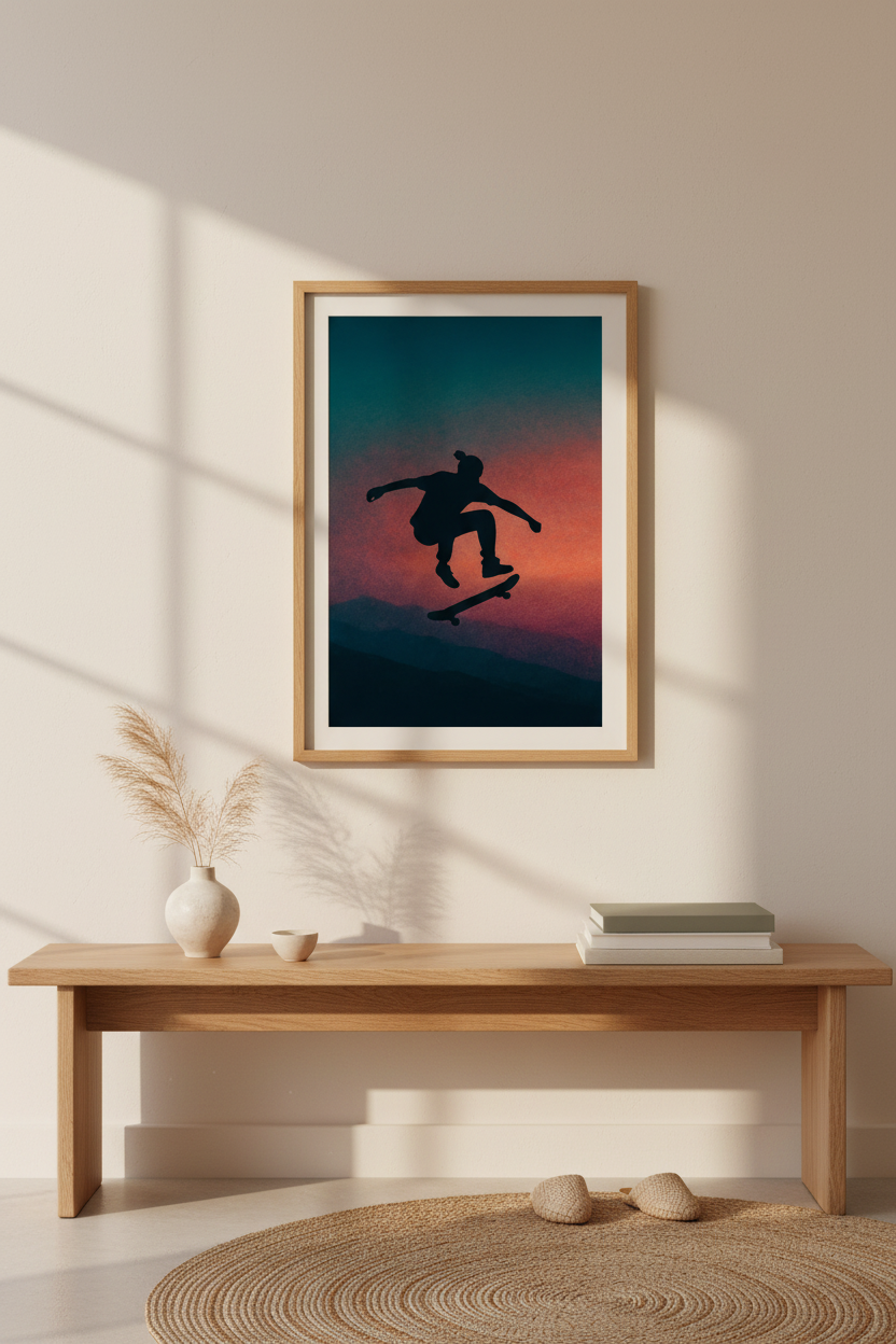 Silhouette Skateboarder Wall Art Print | Teen Room Decor | Aesthetic Skater Poster | Extreme Sports Gift | Sunset Gradient Art