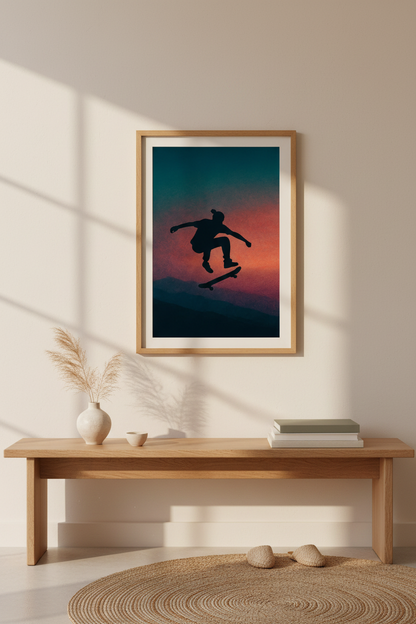 Silhouette Skateboarder Wall Art Print | Teen Room Decor | Aesthetic Skater Poster | Extreme Sports Gift | Sunset Gradient Art