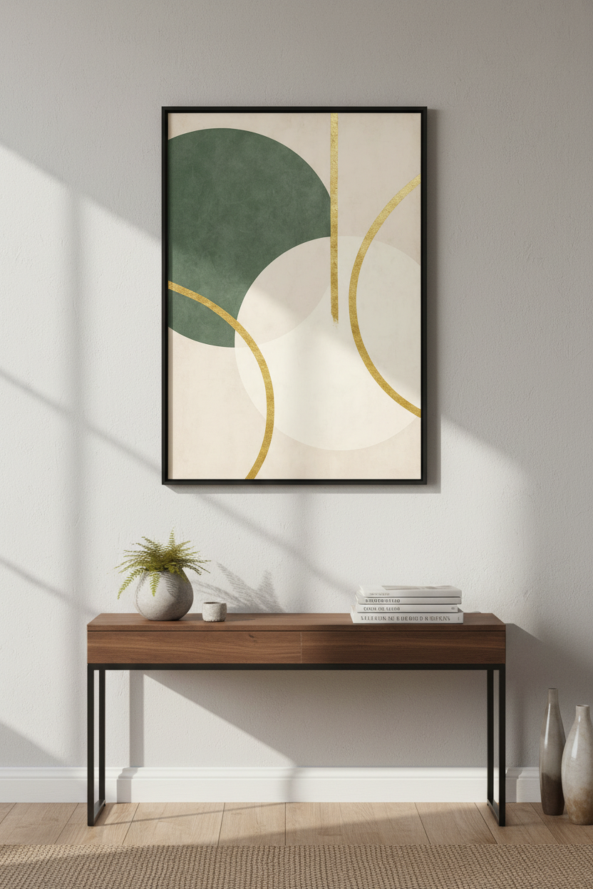 Abstract Geometric Wall Art Print | Modern Living Room Decor | Neutral Sage Green Gold Aesthetic Poster