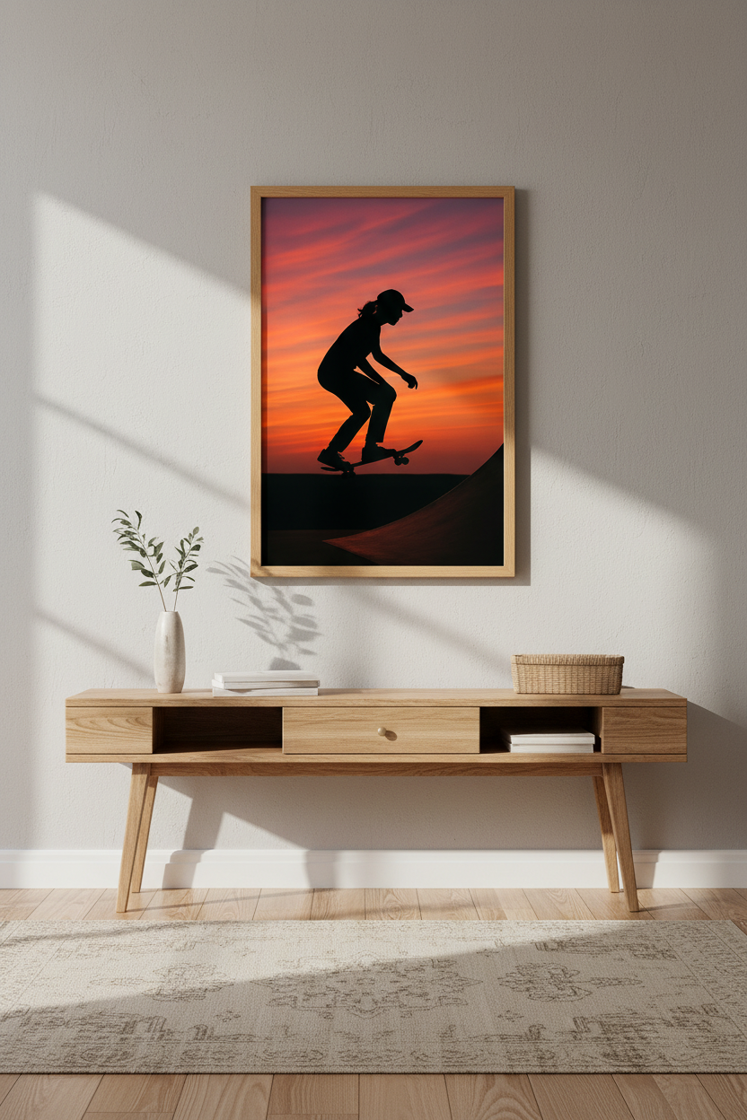 Minimalist Skater Wall Art Print | Teen Room Decor | Aesthetic Sunset Framed Poster | Ready to Hang Action Art
