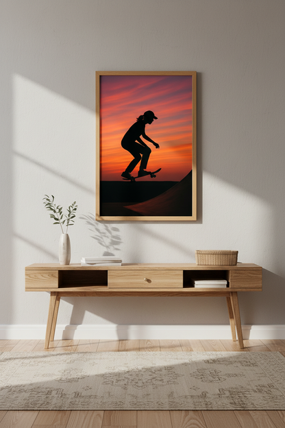 Minimalist Skater Wall Art Print | Teen Room Decor | Aesthetic Sunset Framed Poster | Ready to Hang Action Art