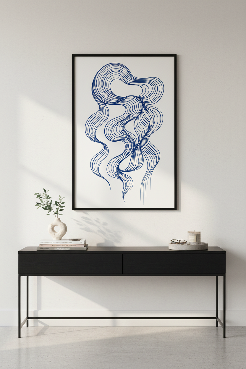 Abstract Swirl Wall Art Print | Modern Blue Line Art Decor | Aesthetic Living Room Poster | Minimalist Wavy Artwork