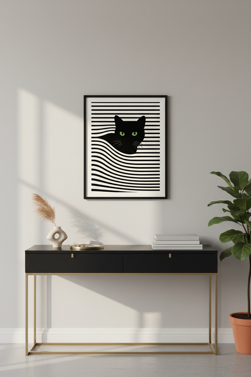 Minimalist Black Cat Wall Art Print, Peeking Cat Poster, Modern Nursery Decor, Black and White Aesthetic, Pet Lover Gift