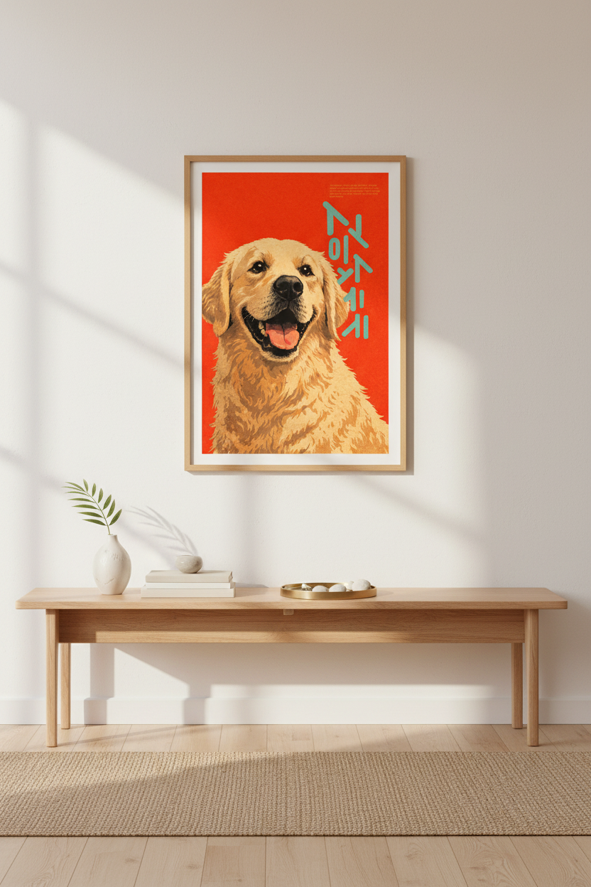 Retro Golden Retriever Framed Wall Art | Dog Lover Decor | Mid-Century Modern Poster | Vibrant Pet Portrait Ready To Hang
