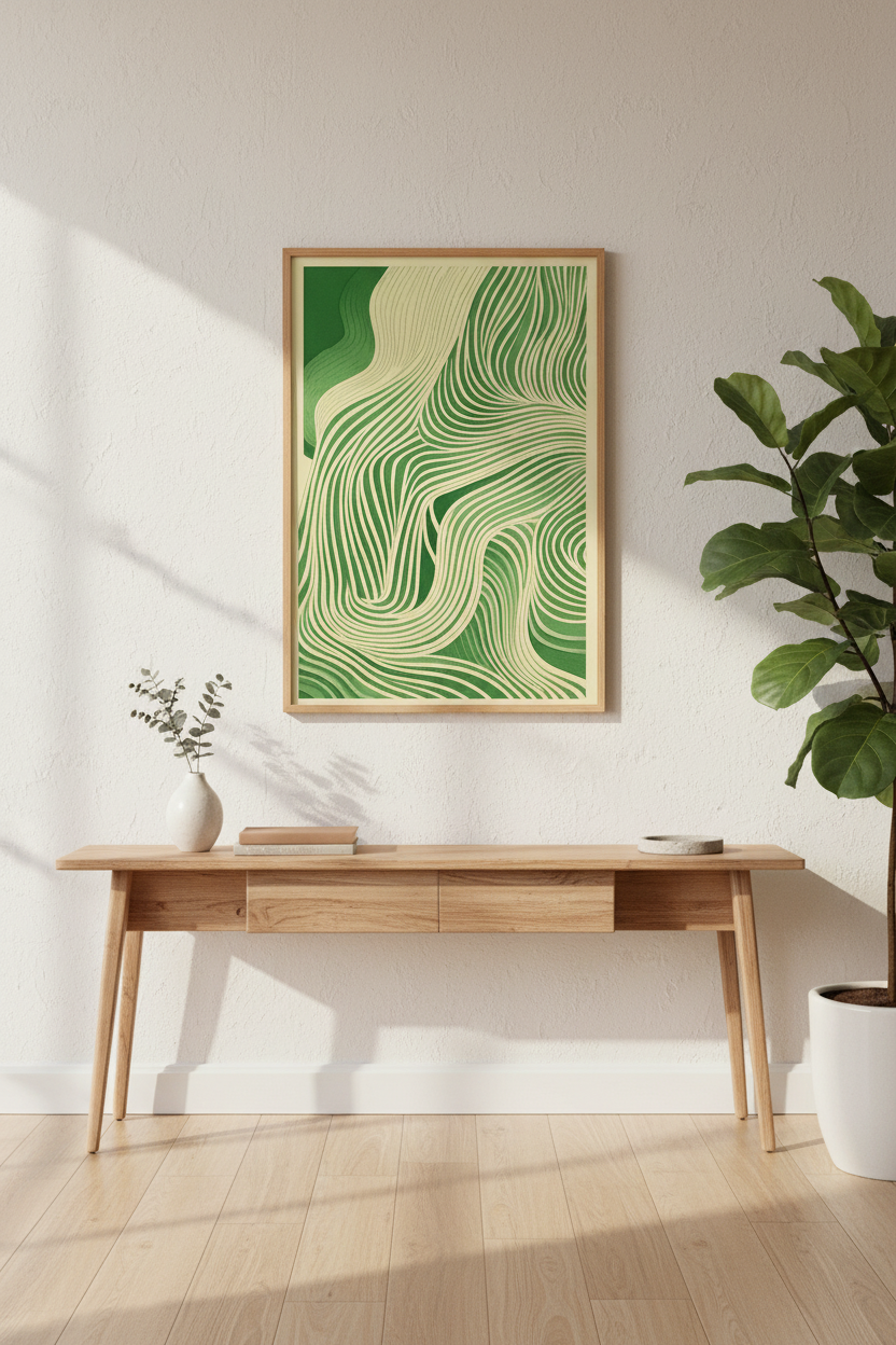 Abstract Wavy Line Art Print | Organic Modern Wall Decor | Green Beige Aesthetic Poster | Mid-Century Zen Graphic Design