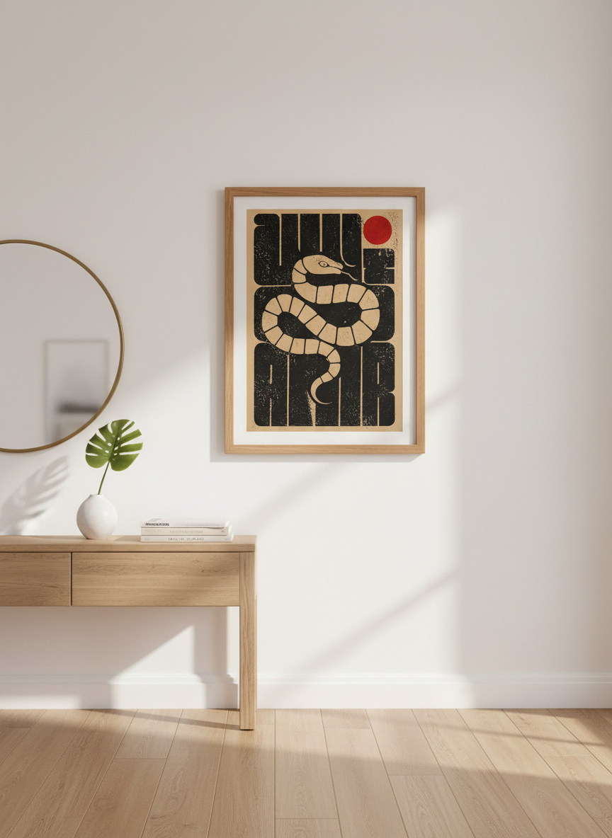 Minimalist Snake Poster | Red Sun &amp; Serpentine Art, Boho Home Decor