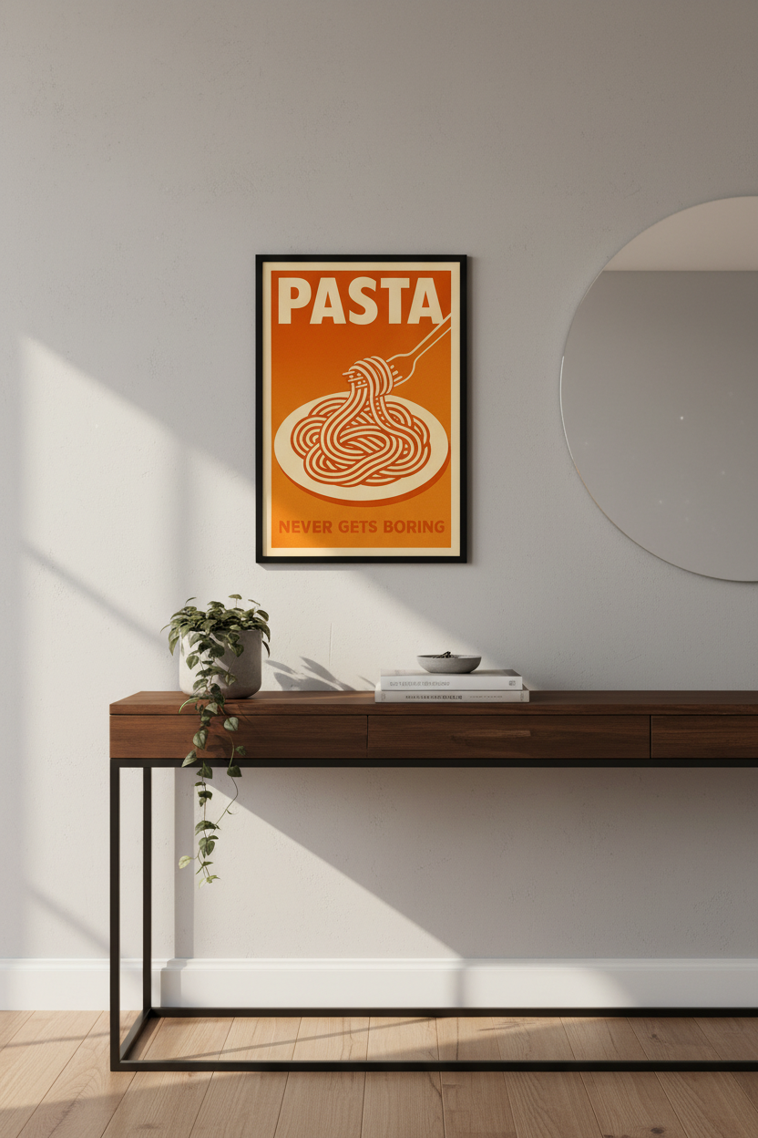 Pasta Never Gets Boring Wall Art Print | Funny Kitchen Decor, Italian Food Poster, Retro Mid-Century Modern Art Print | Dining Room Wall Hanging