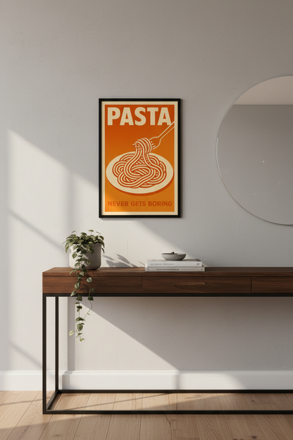 Pasta Never Gets Boring Wall Art Print | Funny Kitchen Decor, Italian Food Poster, Retro Mid-Century Modern Art Print | Dining Room Wall Hanging