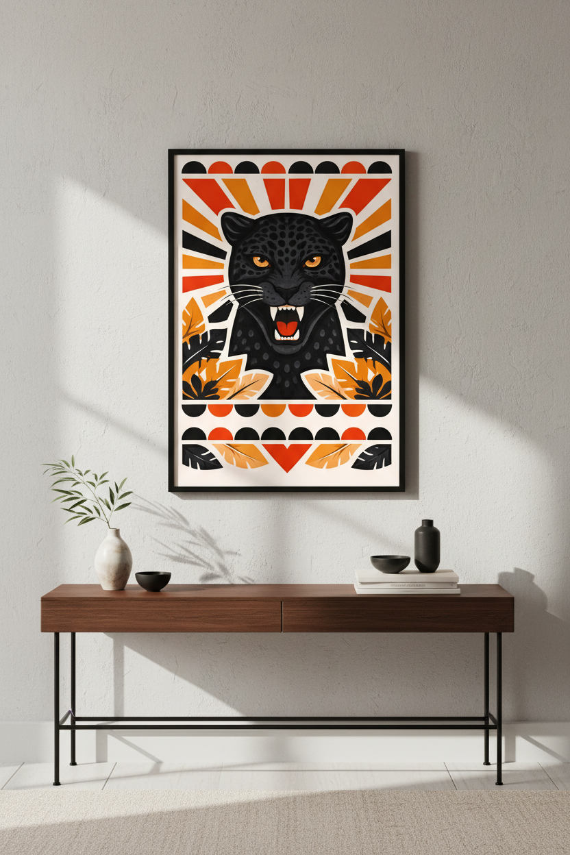 Fierce Black Panther Wall Art Print | Bold Geometric Jungle Decor | Roaring Wildlife Poster | Modern Animal Home Decor