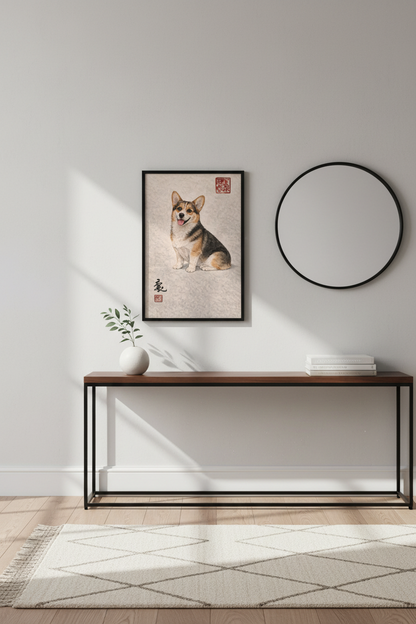 Corgi Wall Art Print, Happy Pembroke Welsh Corgi Poster, Oriental Dog Decor, Cute Puppy Home Hanging, Pet Lover Gift, Smiling Corgi Art