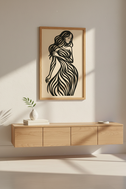 Abstract Woman Line Art Print | Minimalist Female Figure Wall Decor | Aesthetic Wavy Hair Poster | Modern Bedroom Living Room Art