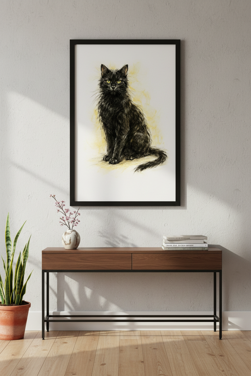 Black Cat Art Print, Fluffy feline Wall Art, Green Eyes Poster, Animal Home Decor, Framed Cat Drawing, Pet Lover Gift