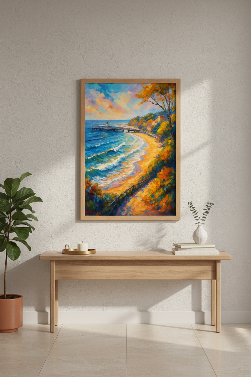 Impressionist Ocean Pier Wall Art Print | Coastal Living Room Decor | Vibrant Beach Aesthetic Poster