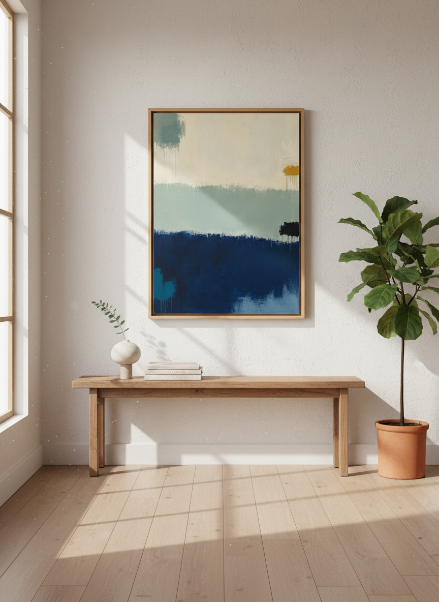 Abstract Coastal Framed Wall Art | Blue Green Ocean Shoreline Painting | Modern Living Room Decor | Minimalist Landscape Poster