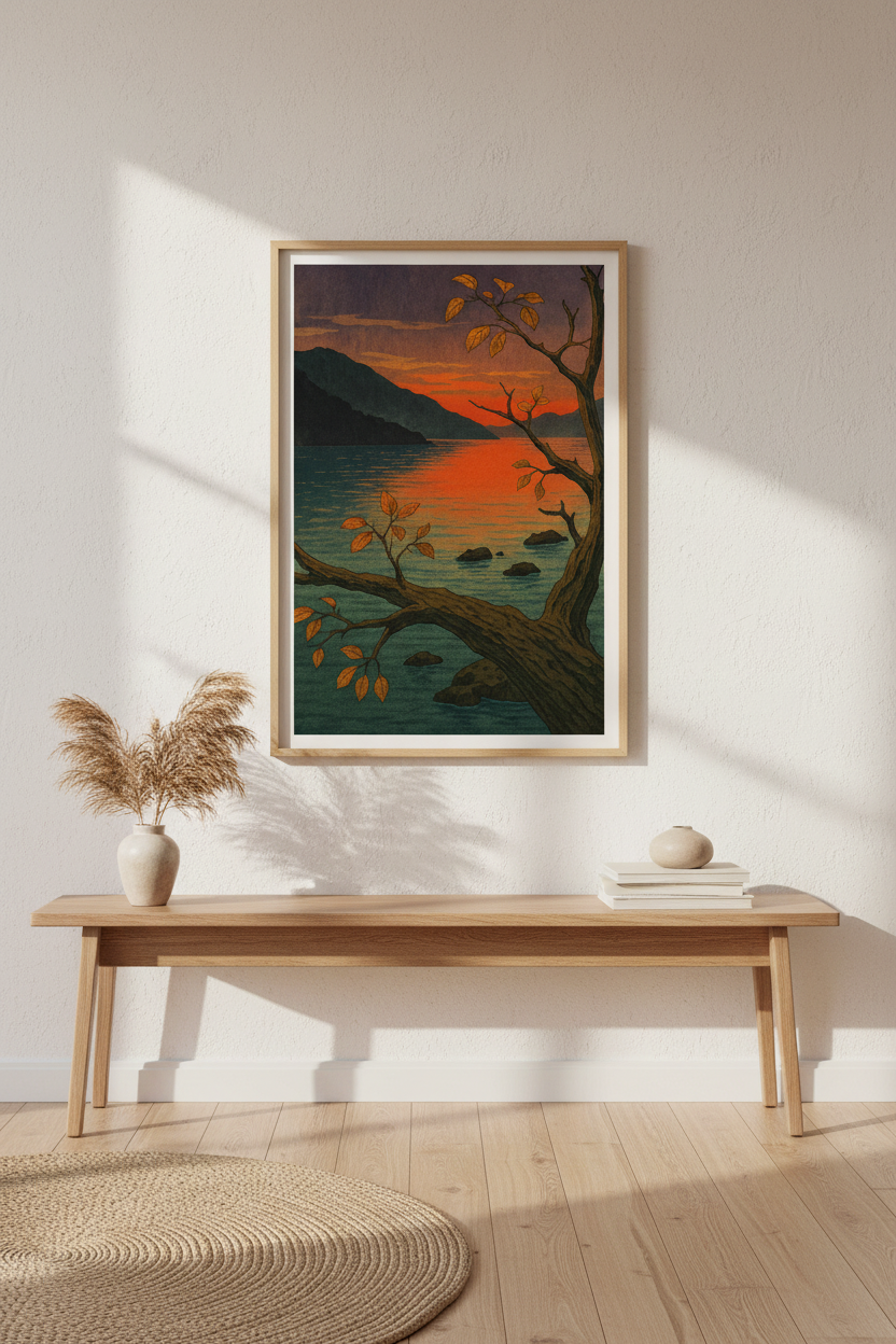 Autumn Sunset Lake &amp; Mountain Wall Art Print | Boho Bedroom Decor | Rustic Landscape Framed Poster