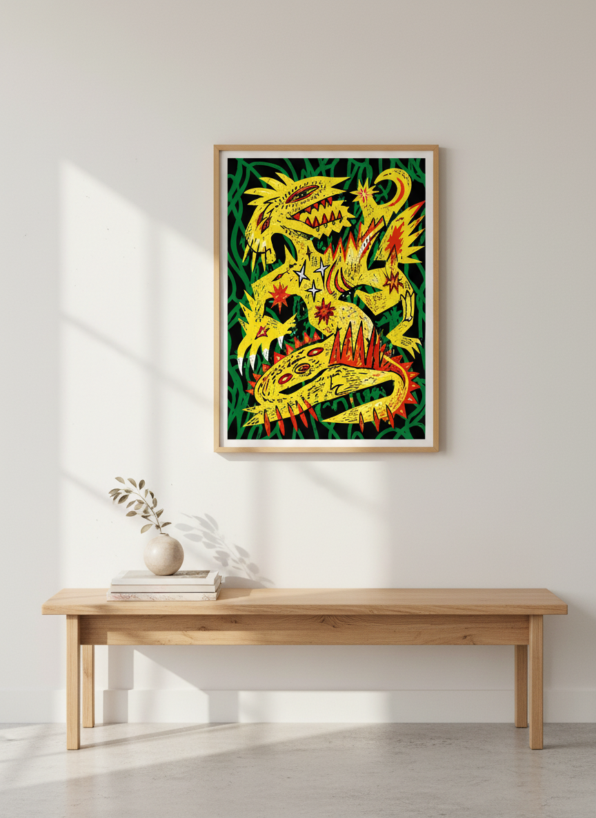 Abstract Dragon Art Print | Maximalist Kids Room Wall Decor | Funky Psychedelic Framed Poster | Monster Art for Eclectic Home